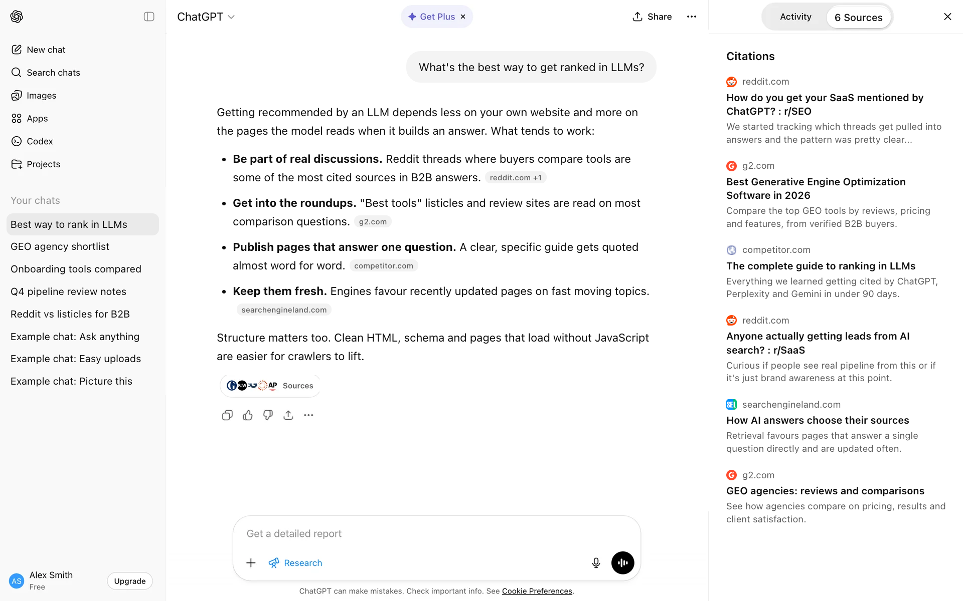 Example ChatGPT answer to 'What's the best way to get ranked in LLMs?', citing Reddit threads, G2 and competitor pages as sources.