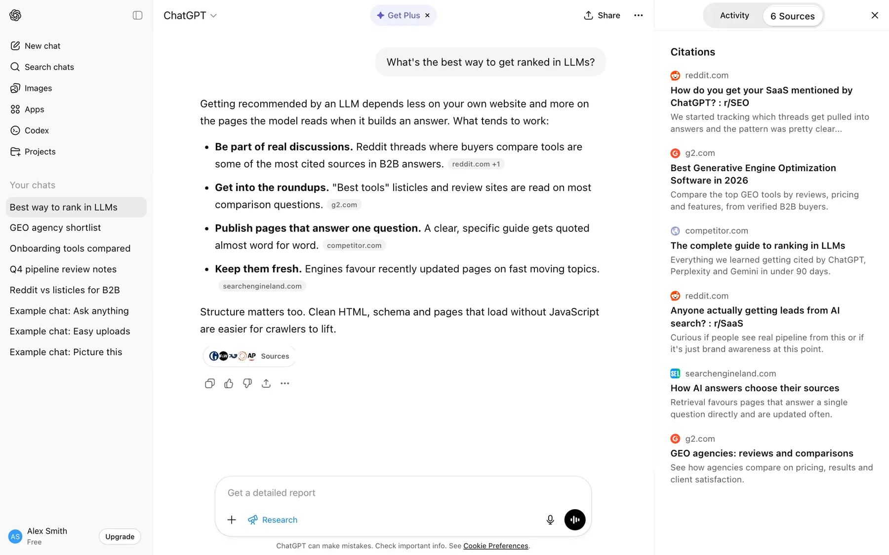 Example ChatGPT answer to 'What's the best way to get ranked in LLMs?', citing Reddit threads, G2 and competitor pages as sources.